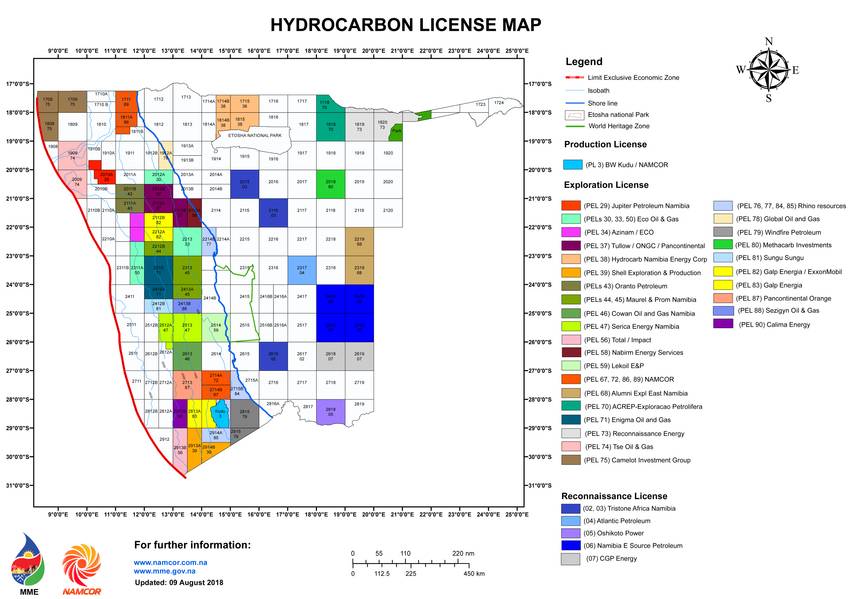 Mapa de hidrocarbonetos da Namíbia (Imagem: NAMCOR)