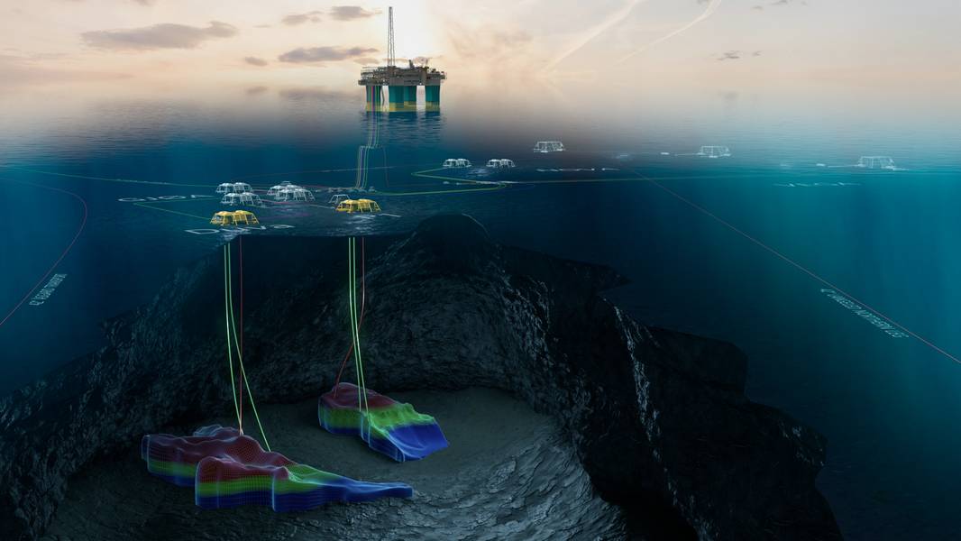 Uma ilustração do campo Gjøa e da plataforma Gjøa, com os modelos para os dois projetos de desenvolvimento Duva e P1 em amarelo (Imagem: Neptune Energy)