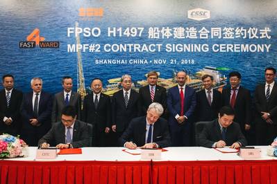 2018年11月21日、SWM造船所で、Bruno Chabas（CEO）、Bernard van Leggelo（中国マネージングディレクター）、Srdjan Cenic（中国支社）、Lei Fanpei CSSC理事長、Wang Qi SWS理事長を務めました。 （写真：SBM Offshore）
