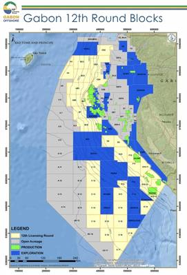 Algunos de los bloques de petróleo y gas costa afuera de Gabón bajo la 12ª ronda de licencias. (Imagen: Ministerio de Petróleo e Hidrocarburos)