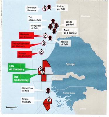 Alguns dos blocos offshore do Senegal onde as descobertas foram recentemente anunciadas (Crédito: FAR)