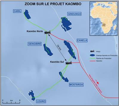 Die gesamte Kaombo-Anlage besteht aus sechs Feldern, die sich über eine Fläche von 800 km2 erstrecken. Gengibre, Gindungo und Caril waren mit der Kaombo Norte FPSO verbunden, die im vergangenen Jahr in Betrieb genommen wurde, während die drei Felder Mostarda, Canela und Louro nun mit Kaombo Sul verbunden sind. (Bild: Gesamt)