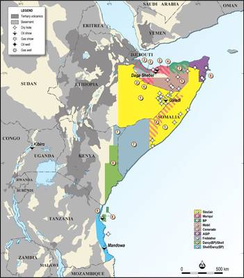 Eine Karte mit Somalias strategischen Offshore-Ölblöcken in Ostafrika; Kredit, Geo Expro.
