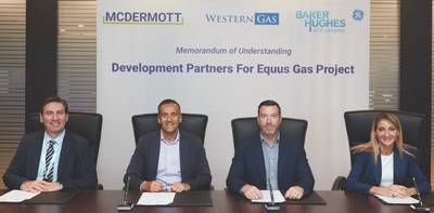 Firmando el memorando de entendimiento estaban (desde la izquierda) Ian Prescott, Vicepresidente Senior para Asia Pacífico, McDermott; Andrew Leibovitch, Director Ejecutivo de Western Gas; Will Barker, Director Ejecutivo, Western Gas; y Maria Sferruzza, Presidenta de Asia Pacífico, Baker Hughes, una compañía de GE (Foto: Western Gas)