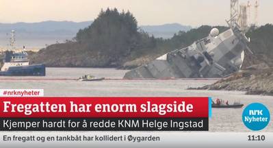 Fragata hundida (captura de pantalla de la cobertura de transmisión de NRK en https://www.nrk.no/. NRK es la empresa de radiodifusión pública de radio y televisión propiedad del gobierno noruego)