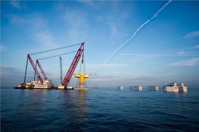 Fundação baseada em gravidade para o parque eólico offshore Kriegers Flak na Dinamarca Instalação KFBE Foto cortesia do grupo Ian De Nul