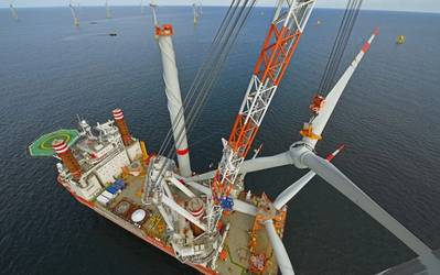 Großer Aufzug: ein Windinstallationsschiff von Fred Olsen Windcarrier; Mit freundlicher Genehmigung von Fred Olsen Windcarrier