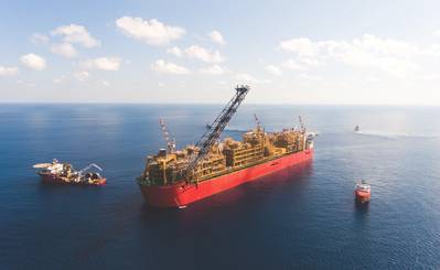 Prelude FLNG σε σταθμό κατά τη θέση σε λειτουργία 475 χιλιόμετρα βόρεια, βορειοανατολικά του Broome, Δυτική Αυστραλία (Πηγή: Shell)