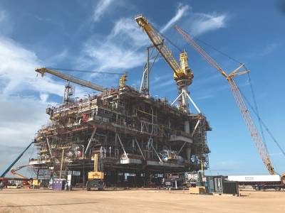 La plataforma Peregrino WHP-C en el patio de Kiewit en Ingleside, Texas. Está previsto que llegue a Brasil a fines de este año y comience a operar a fines de 2020. (Foto: Oscar Ayala / Equinor)