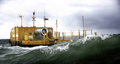 Um protótipo menor testado em Galway Bay, na Irlanda. (Foto: Energia do Oceano)