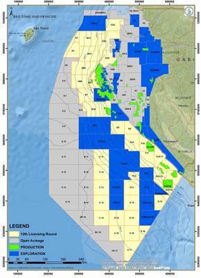 Χάρτης που δείχνει τα μπλοκ που πρέπει να ληφθούν κατά τη διάρκεια του 12ου γύρου αδειοδότησης της Γκαμπόν. (Εικόνα: Υπουργείο Υδρογονανθράκων της Γκαμπόν)