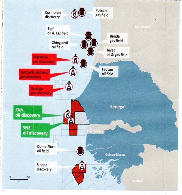 Algunos de los bloques costa afuera de Senegal donde se han anunciado recientemente descubrimientos (Crédito: FAR)