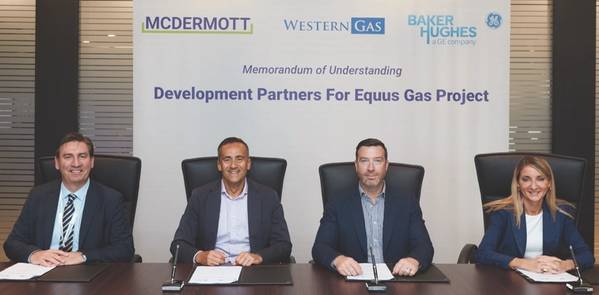 Die Unterzeichnung der Absichtserklärung erfolgte (von links) Ian Prescott, Senior Vice President für Asien-Pazifik, McDermott; Andrew Leibovitch, geschäftsführender Direktor von Western Gas; Will Barker, Geschäftsführer von Western Gas; und Maria Sferruzza, Präsident Asia Pacific, Baker Hughes, ein GE-Unternehmen (Foto: Western Gas)