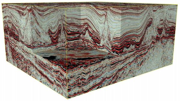 Ein 3D-Würfel seismischer Daten von Offshore-Brasilien nach der Anwendung eines schnellen High-End-Verarbeitungs- und Bildgebungsflusses auf Altdaten (Quelle: ION)