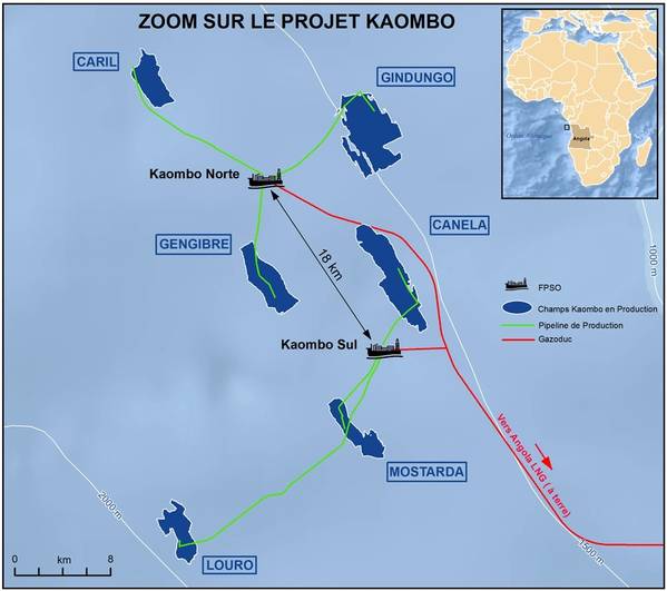 El desarrollo completo de Kaombo consta de seis campos distribuidos en un área de 800 km2. Gengibre, Gindungo y Caril se conectaron a la FPSO de Kaombo Norte, que comenzó el año pasado, mientras que los tres campos, Mostarda, Canela y Louro, ahora se han conectado a Kaombo Sul. (Imagen: Total)