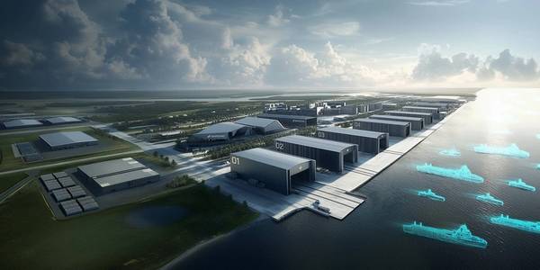 O projeto do Port Alpha, um estaleiro de última geração construído do zero, está em andamento. Imagem cedida pela Saronic Technologies.