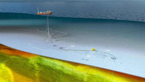 Das Johan-Castberg-Feld mit Unterwasseranlagen, wobei die Isflak-Bohrlochvorlage gelb dargestellt ist (Bildnachweis: Equinor).