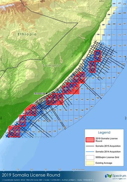 Einige der abgegrenzten Offshore-Blöcke Somalias, die kürzlich in London versteigert wurden (Bild: Spectrum)