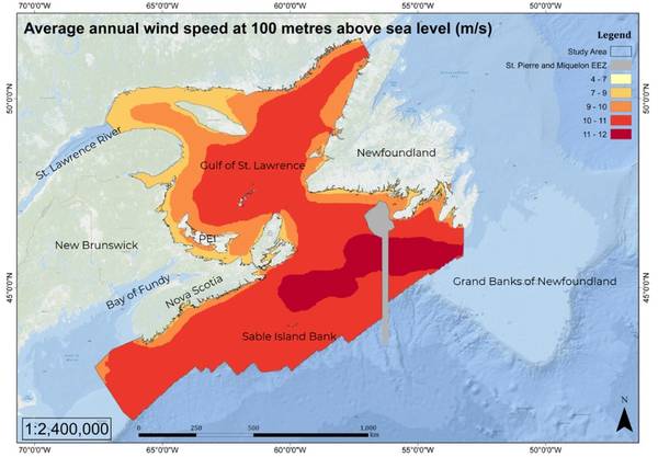 Velocidad media anual del viento en metros por segundo a 100 metros sobre el nivel del mar. Adaptado por CanmetENERGY-Ottawa a partir de datos de velocidad del viento modelados por Environment and Climate Change Canada.