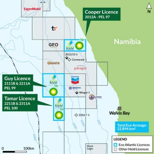 
纳米比亚近海沃尔维斯盆地 PEL97、PEL99、PEL100 油田分布图（图片来源：Eco (Atlantic) Oil and Gas）