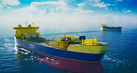 An illustration of an FSIU vessel in the foreground, taking cargo from an LCO2 carrier in the background (Credit: Yinson Production)
