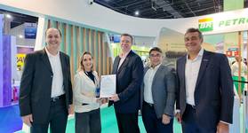 AIP ceremony at OTC Brazil 2025 in Rio de Janeiro, Brazil. (L to R) Vinícius Mattos; Petrobras Surface Engineering Technologies Manager; Silvia Ramscheid Figueiredo; R&D for Structural and Surface Engineering at CENPES; Matthew Tremblay; ABS Vice President, Global Offshore Markets; João Paiva; ABS; Engineer, Managing Principal; Rafael Torres; ABS Director, Global Offshore - South America. © ABS