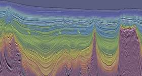 Least-squares Kirchhoff PSDM (LS-KPSDM) full stack seismic image overlaid with the 12Hz TL-FWI velocity model. In this example, the high-resolution LS-KPSDM image and geologically-conformal FWI model together clearly show flat spots (indicated by arrows) – DHI-supported leads highlighting potential hydrocarbon reservoirs (image courtesy of Viridien Earth Data).
