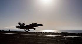 An F/A-18F Super Hornet, attached to the “Blacklions” of Strike Fighter Squadron (VFA) 213, launches from the flight deck of the world’s largest aircraft carrier USS Gerald R. Ford (CVN-78). (U.S. Navy photo by Mass Communication Specialist 3rd Class Simon Pike)

