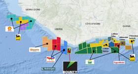 Offshore West Africa Transform Margin, showing current license holders (Credit: Bountry Oil & Gas, Source: NOCAL/LPRA licensing data)