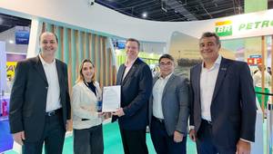 AIP ceremony at OTC Brazil 2025 in Rio de Janeiro, Brazil. (L to R) Vinícius Mattos; Petrobras Surface Engineering Technologies Manager; Silvia Ramscheid Figueiredo; R&D for Structural and Surface Engineering at CENPES; Matthew Tremblay; ABS Vice President, Global Offshore Markets; João Paiva; ABS; Engineer, Managing Principal; Rafael Torres; ABS Director, Global Offshore - South America. © ABS