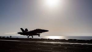An F/A-18F Super Hornet, attached to the “Blacklions” of Strike Fighter Squadron (VFA) 213, launches from the flight deck of the world’s largest aircraft carrier USS Gerald R. Ford (CVN-78). (U.S. Navy photo by Mass Communication Specialist 3rd Class Simon Pike)

