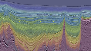 Least-squares Kirchhoff PSDM (LS-KPSDM) full stack seismic image overlaid with the 12Hz TL-FWI velocity model. In this example, the high-resolution LS-KPSDM image and geologically-conformal FWI model together clearly show flat spots (indicated by arrows) – DHI-supported leads highlighting potential hydrocarbon reservoirs (image courtesy of Viridien Earth Data).
