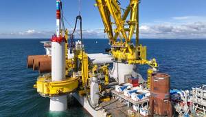 Monopile installation at Inch Cape’s offshore site by Jan De Nul’s heavy lift vessel Les Alizés (Credit: Inch Cape Offshore Limited)