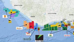 Offshore West Africa Transform Margin, showing current license holders (Credit: Bountry Oil & Gas, Source: NOCAL/LPRA licensing data)