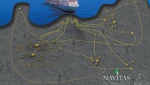 The FPSO and the Phase 1 and 2 development Field layout (Credit: Navitas Petroleum)
