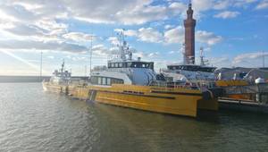Windcat crew transfer vessels in Grimsby Docks (Credit: Ørsted)
