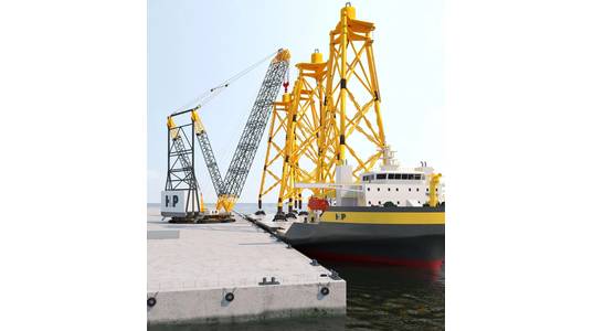 According to HLP, by combining a flat deck carrier to load multiple jackets with HLP’s new ring crane concept, offshore wind project developers could cut deployment costs by 60% - Credit: HLP