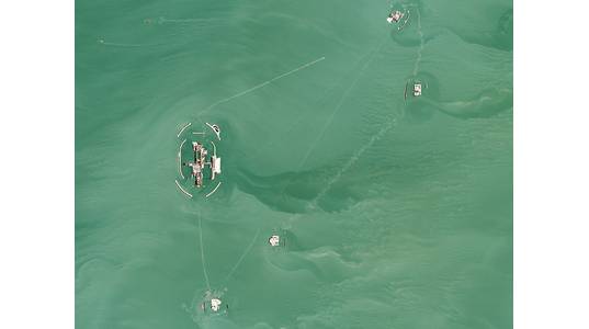 Aerial view of the Kashagan oil field facilities - Credit:Planet Labs/Wikimedia Commons (CC BY-SA 4.0)

