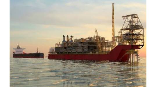 Artist impression of the FPSO for the Sangomar Field Development offloading oil to an offtake tanker / Image source: Woodside (File image)