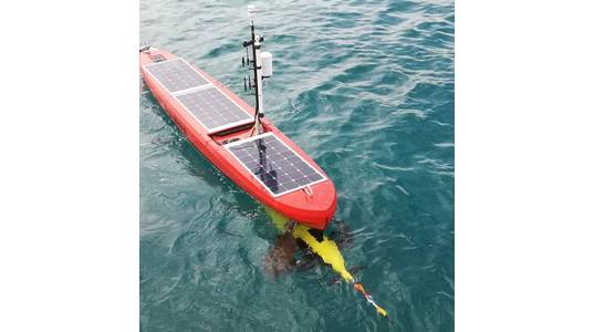 The AutoNaut Caravela wave propelled unmanned surface vessel with its SeaGlider payload. Photo: AutoNaut