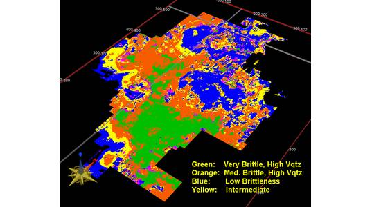 Bayesian facies analysis of a Barnett Shale data set. Green represents litho-facies with the highest quartz content and the greatest brittleness. (Image courtesy of CGG GeoSoftware)