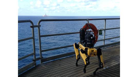 Boston Dynamic’s Spot quadruped robot posing during its trials on bp’s Mad Dog facility in the US Gulf of Mexico. Photos from BP.