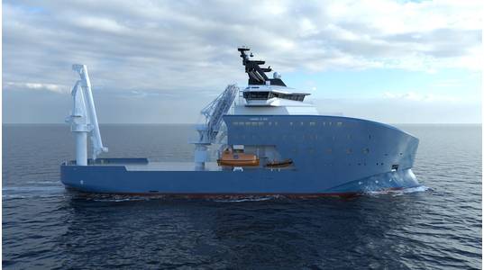 Close-up rendering of one vessel showing Seaonics ECMC Crane and ECMC Gangway (Credit: Vard Group)