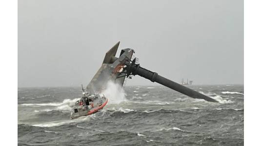 A U.S. Coast Guard Response Boat-Medium boat crew heads toward the capsized lift boat Seacor Power about 8 miles off Port Fourchon, La. on April 13, 2021. (U.S. Coast Guard photo courtesy of Coast Guard Cutter Glenn Harris)