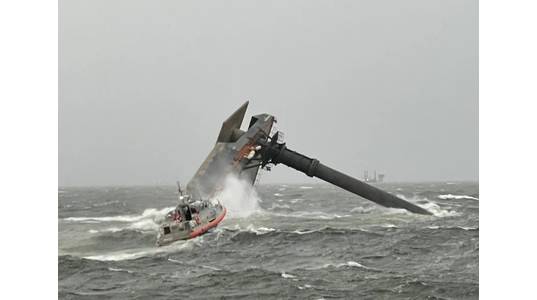 A Coast Guard Station Grand Isle 45-foot Respone Boat-Medium boatcrew heads toward a capsized 175-foot commerical lift boat April 13, 2021 searching for people in the water 8 miles south of Grand Isle, La. (U.S. Coast Guard photo courtesy of Coast Guard Cutter Glenn Harris)