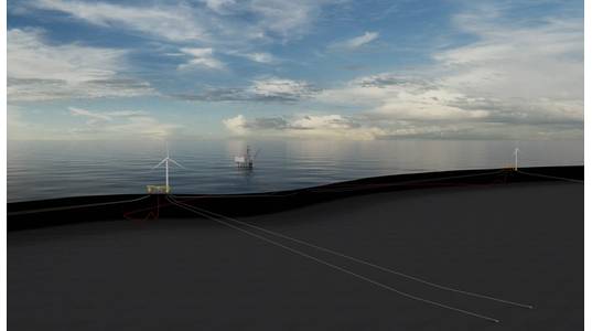  The Deepsea Semi floating wind foundation design has been developed for use in floating wind farms and for off-grid applications including temporary electrification of oil and gas installations in harsh environments. ©DNV