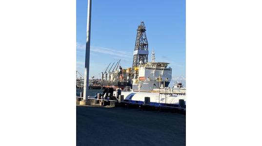A drillship sits up against a bulk carrier vessel March 12, 2022, in Pascagoula, Mississippi. The vessels collided when the mobile drilling unit vessel broke free of its moorings due to high winds. (U.S. Coast Guard courtesy photo by Coast Guard Sector Mobile)