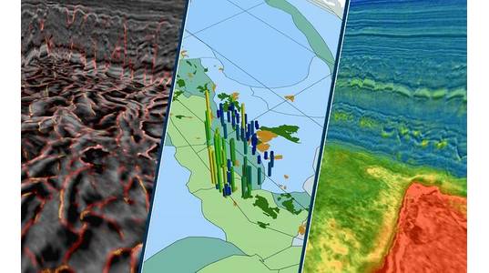 Example derivative seismic products from the Utsira OBN survey include (L-R) fault mapping, geobody extraction, and 3D property prediction. Credit: TGS