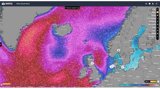 Example of wave visualization accessible on miros.app. 17 interactive map layers that allow users to visualize factors such as wind, waves, and currents, utilizing various forecast models. Source: miros.app