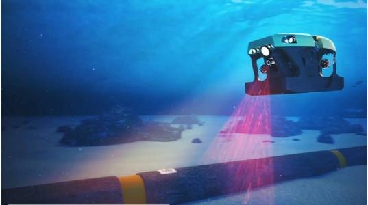 Figure 1: Illustration of subsea pipeline inspection using barcode tags integrated into a pipeline and an ROV. Source: Screenshot from an iXblue, Vallourec, Forssea Robotic video